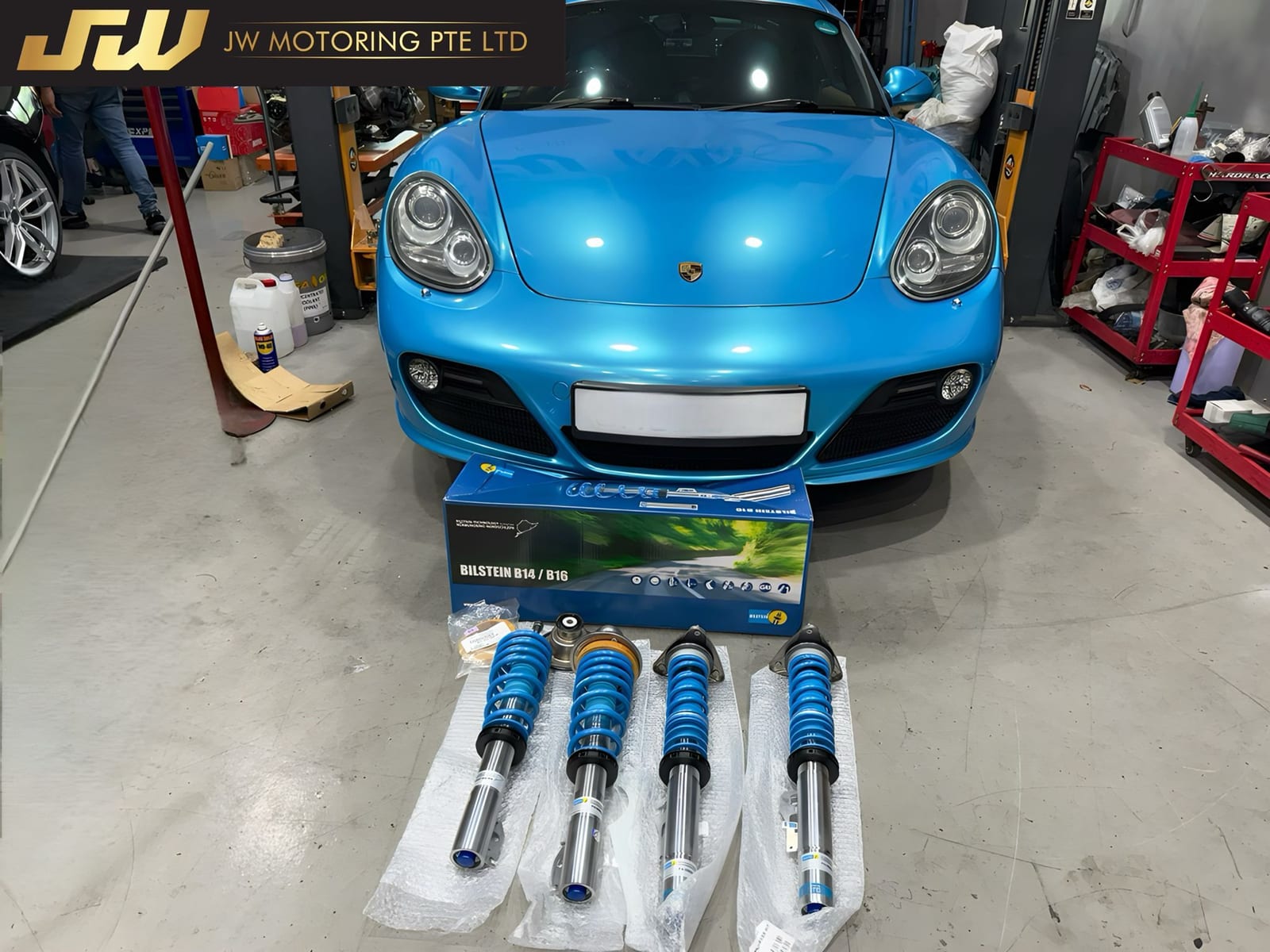 Bilstein coilover upgrade proof at JW Motoring — branded sports suspension installed with setup care