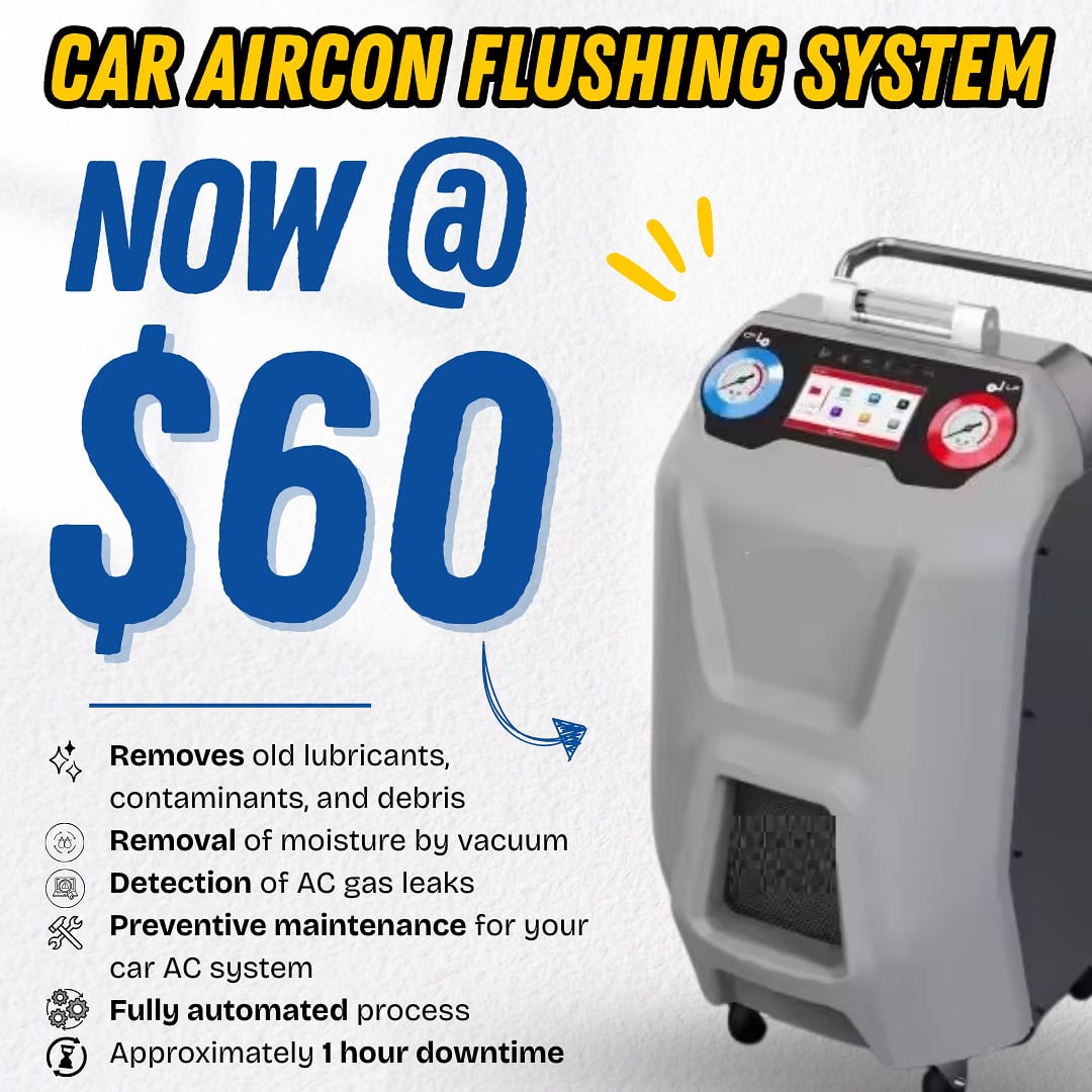 Car aircon flushing service at JW Motoring Kaki Bukit, Singapore — cabin cooling system maintenance